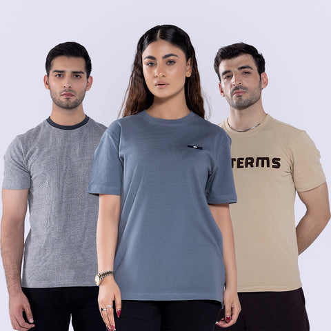 Pack Of 3 Stormy Weather T-Shirt & Almond Buff T-Shirt & Tee Charcoal Striper